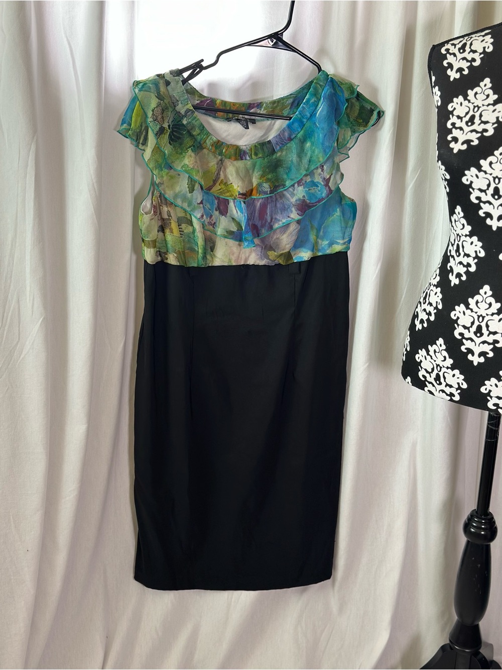 Black & Blue-Green Ruffle Bodice Sheath Dress
